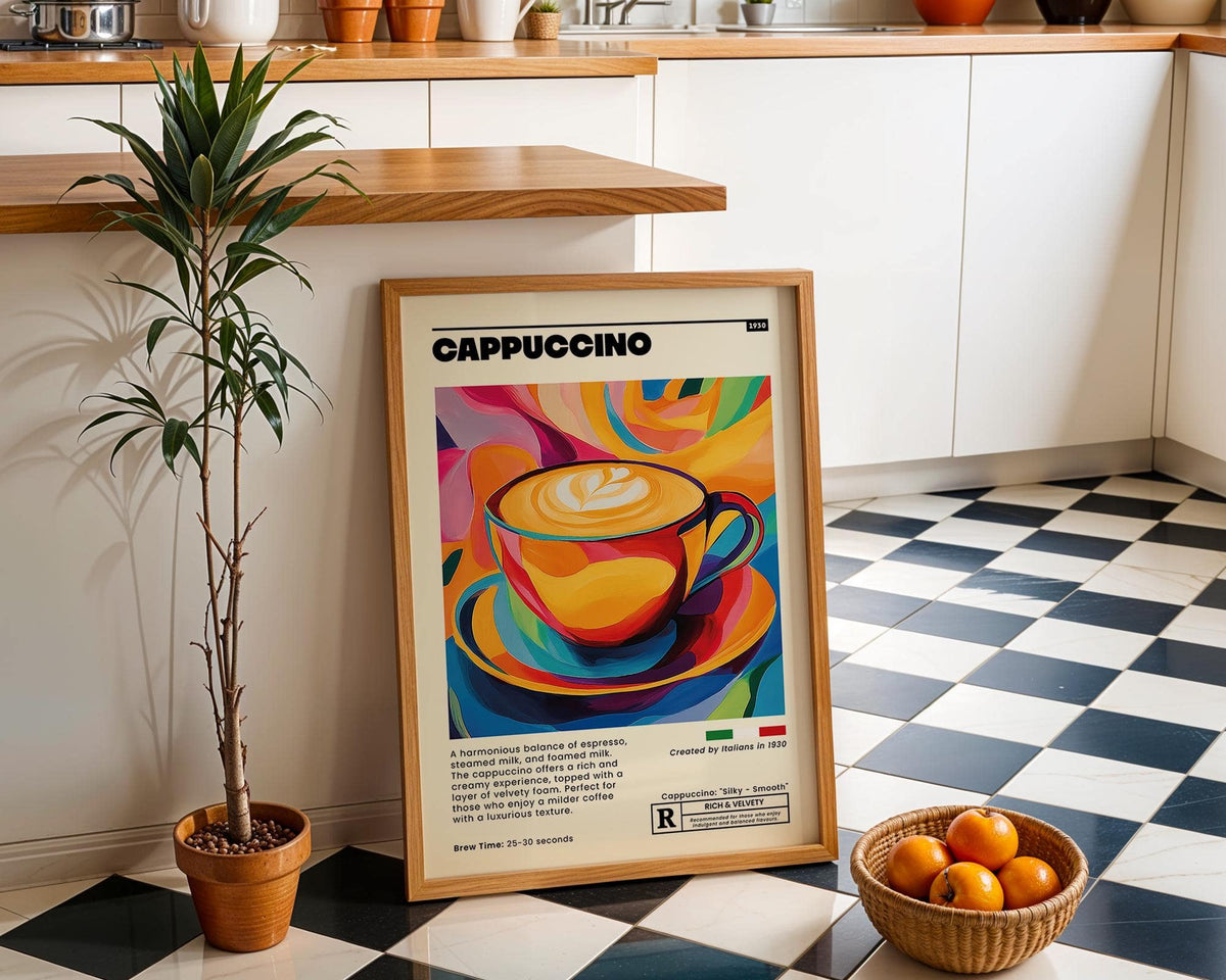 Coffee Cup wall art print leaning on kitchen floor near potted plant and basket of oranges