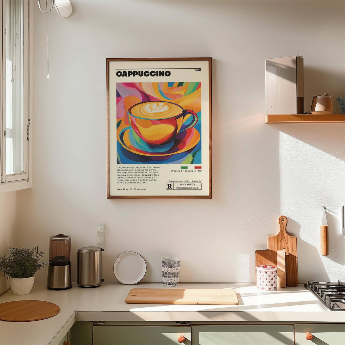 Coffee Cup wall art in vibrant pop-art style hanging in a kitchen above a wooden shelf