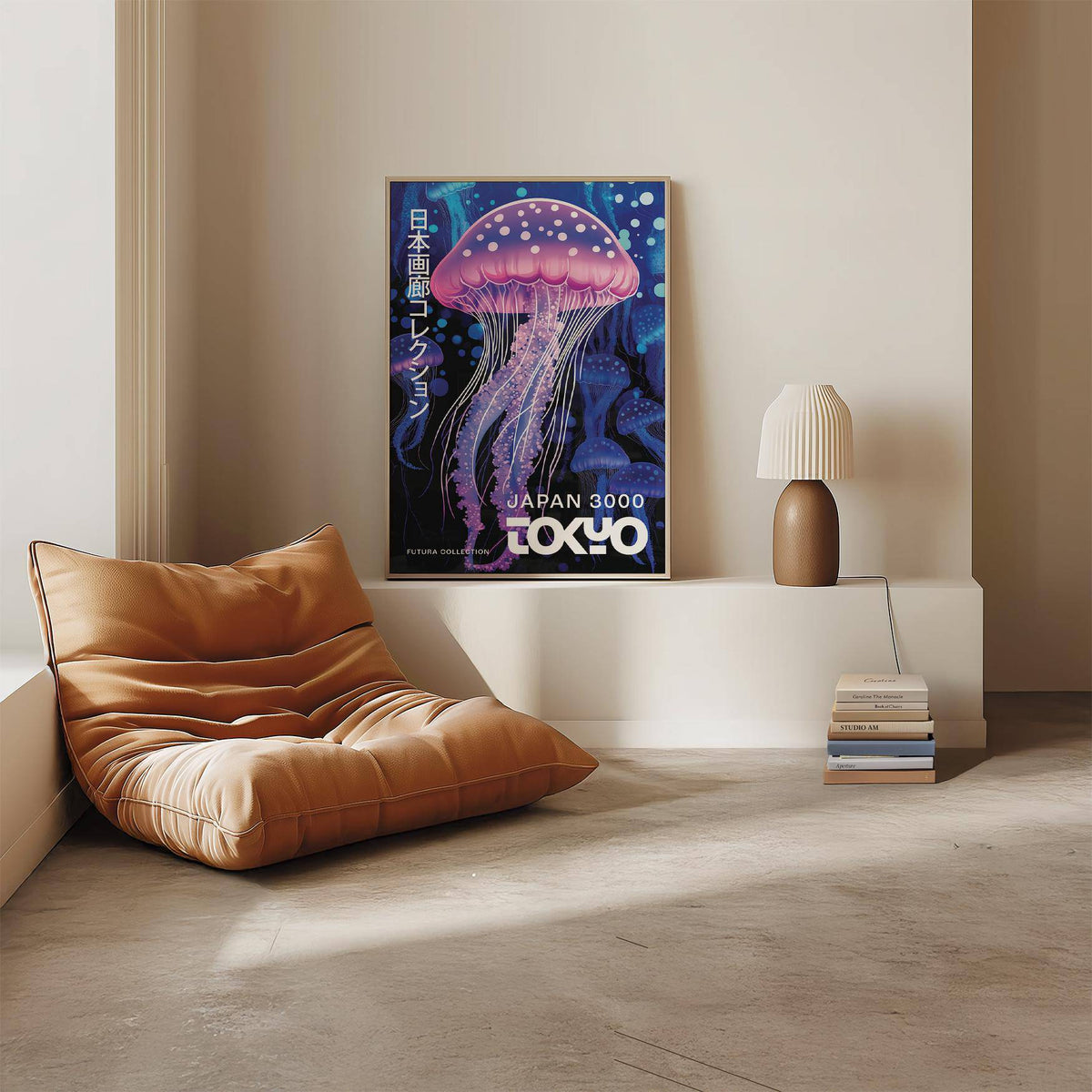 Under The Sea Decor print of a pink jellyfish with blue background next to a beige lamp and chair