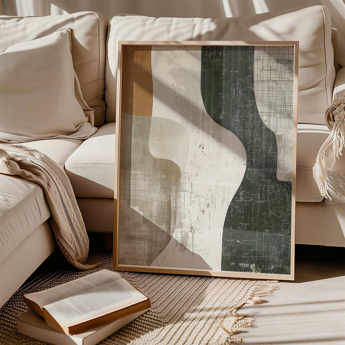 Print leaning on a sofa of abstract earth tones shapes in brown, green and white with a book nearby