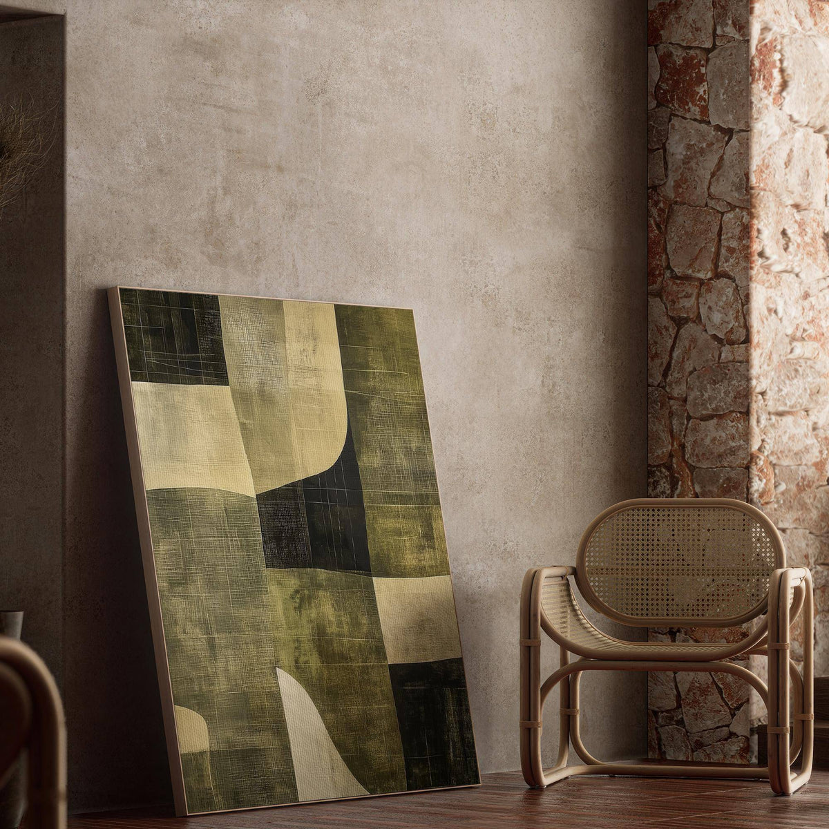 Print leaning on a shelf featuring abstract olive shapes in green and beige next to a wicker chair