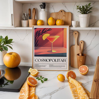 Drink Poster Art print of a cosmopolitan cocktail with warm colours on a kitchen counter with fruit and wooden utensils
