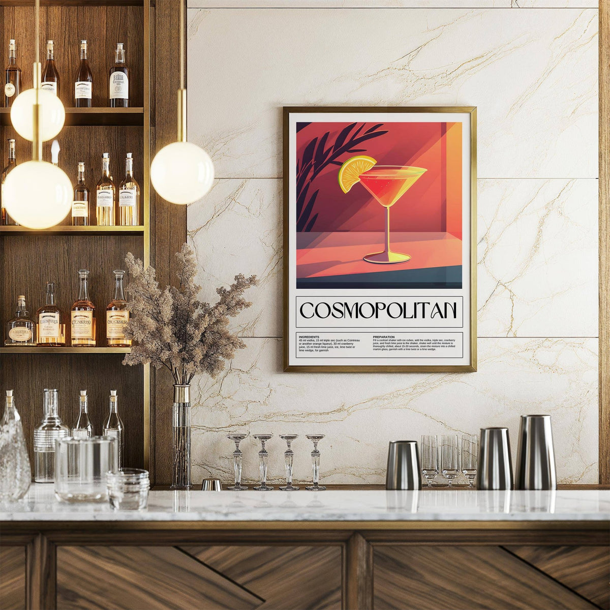 Drink Poster Art print of a cosmopolitan cocktail with orange and pink tones in a bar setting