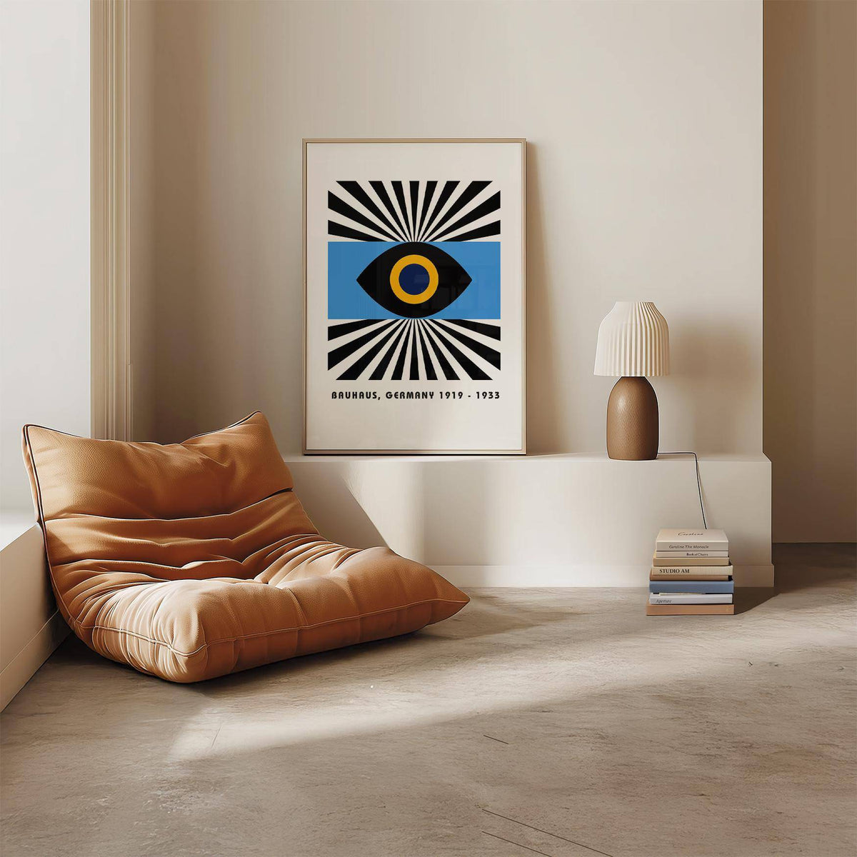 Modern Art Geometric print leaning on a shelf with an abstract eye and blue rectangle next to a brown lamp