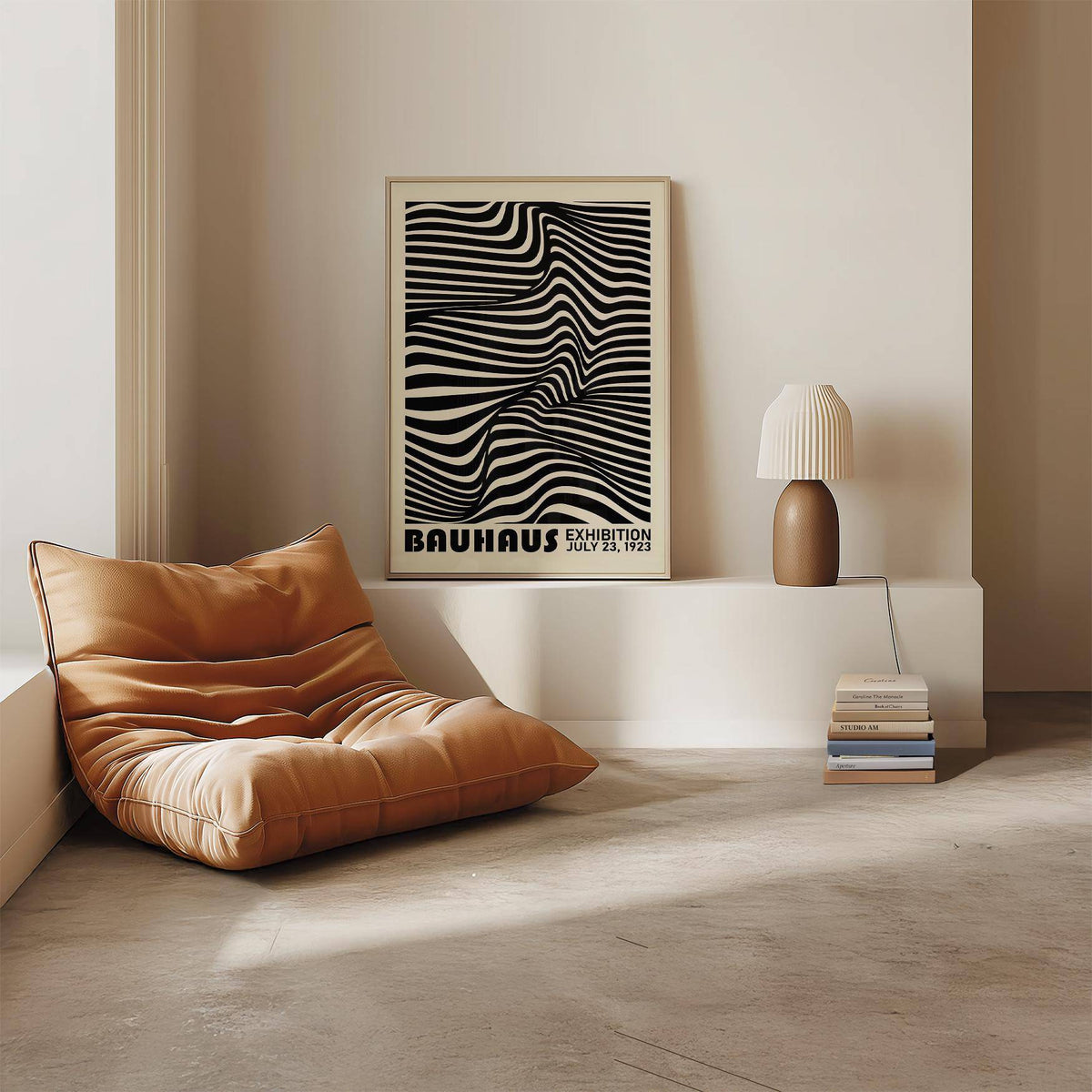 Black minimalist wall art with wavy black and white stripes leaning on a shelf by a lamp and books
