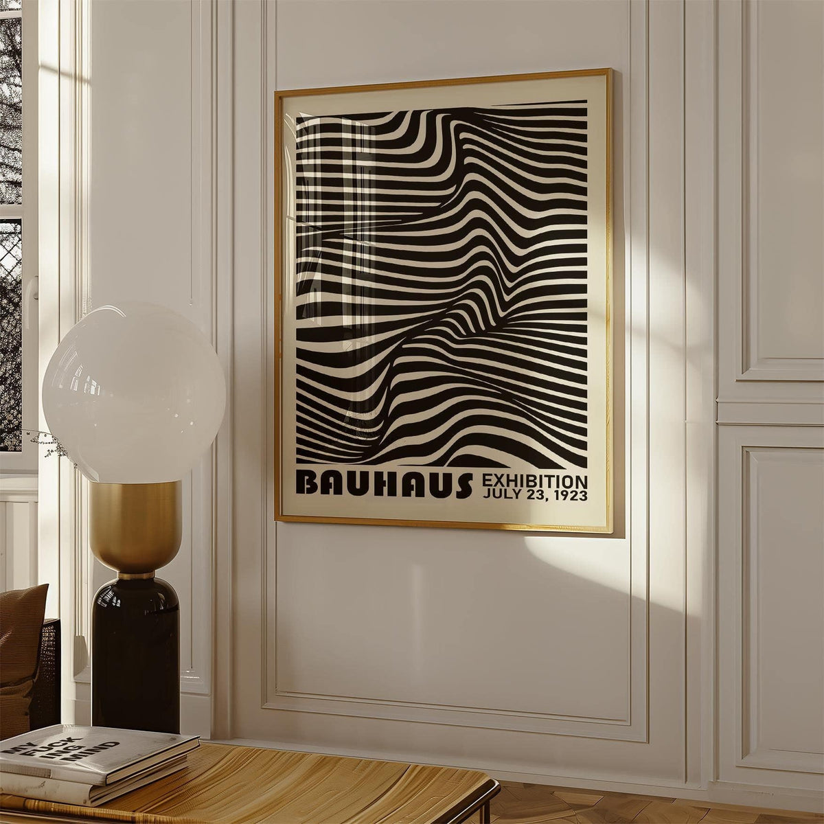 Black minimalist wall art with a wavy black and white optical illusion above a wooden coffee table