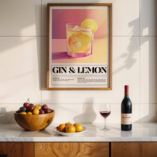 Bar wall decor of gin and lemon cocktail illustration with warm colours above a kitchen counter with fruit bowl