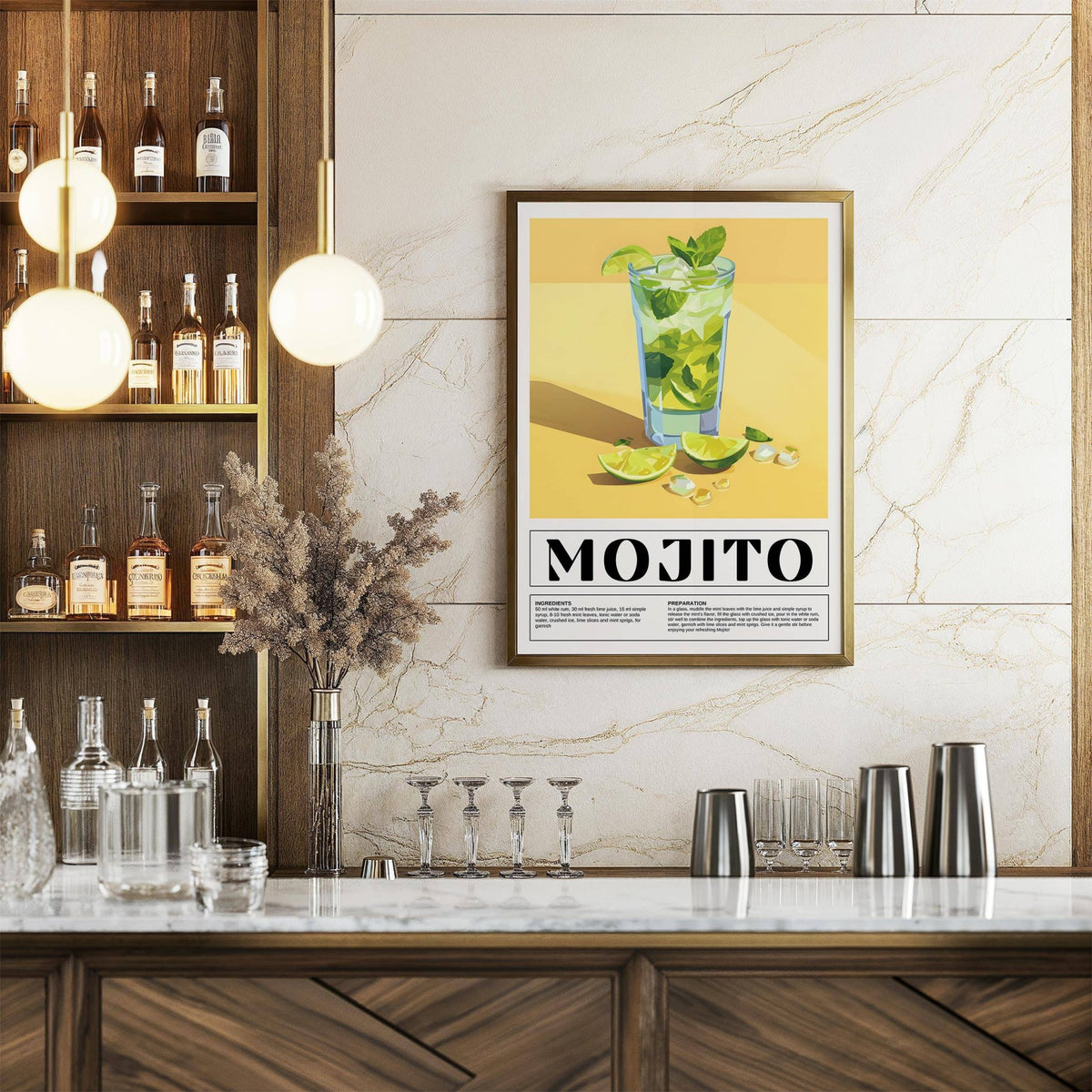 Bar Decor for Home showing mojito cocktail illustration in a contemporary bar with glassware
