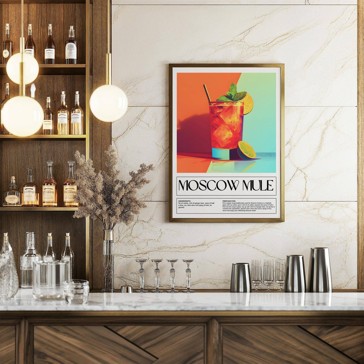 Print on a wall of a moscow mule cocktail illustration with orange green and blue colours above a marble bar