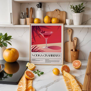 Home Bar Print of a vodka cranberry cocktail illustration with a red background on a kitchen counter
