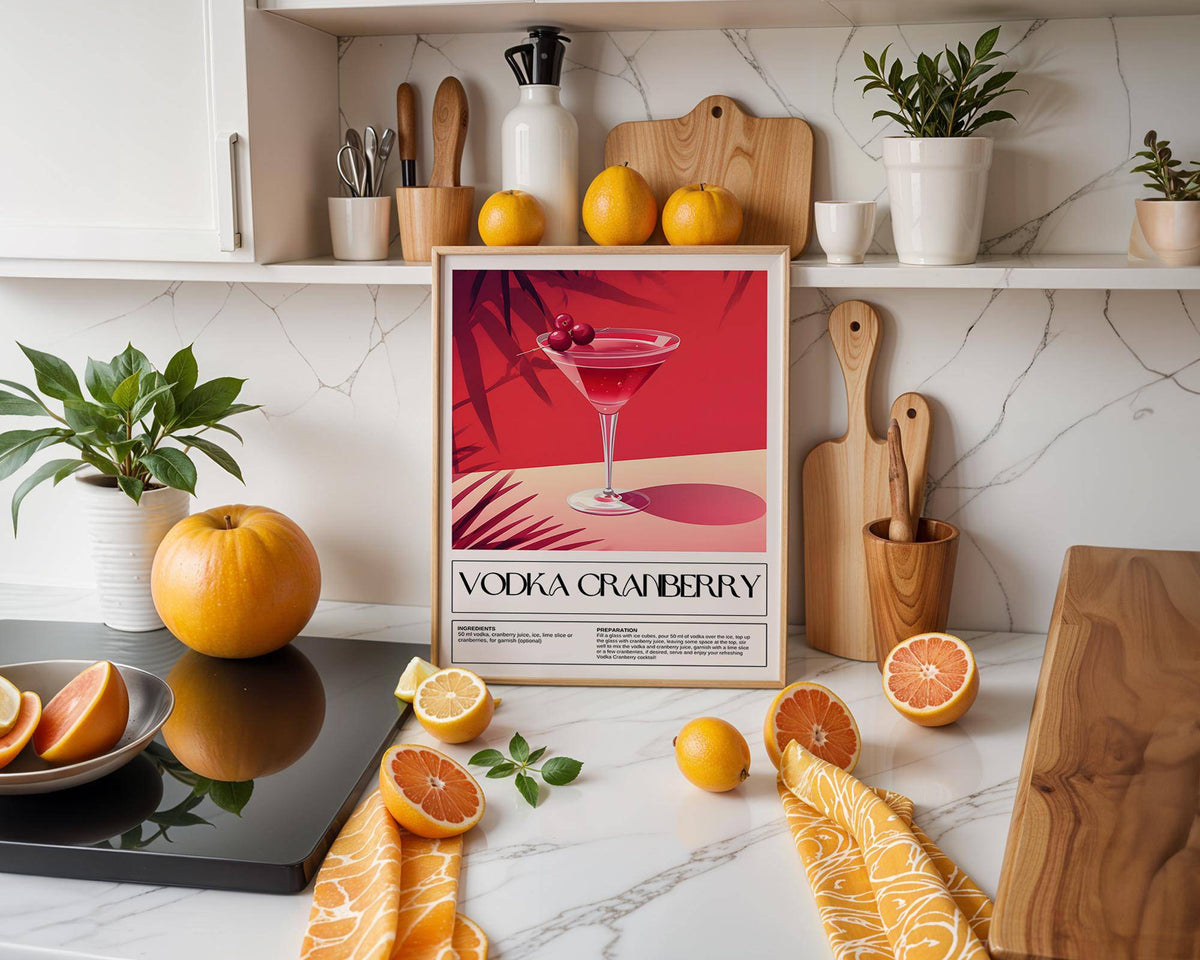Home Bar Print of a vodka cranberry cocktail illustration with a red background on a kitchen counter
