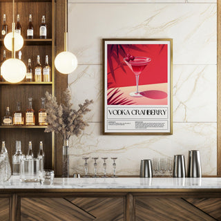Home Bar Print showing a red vodka cranberry cocktail illustration with barware below