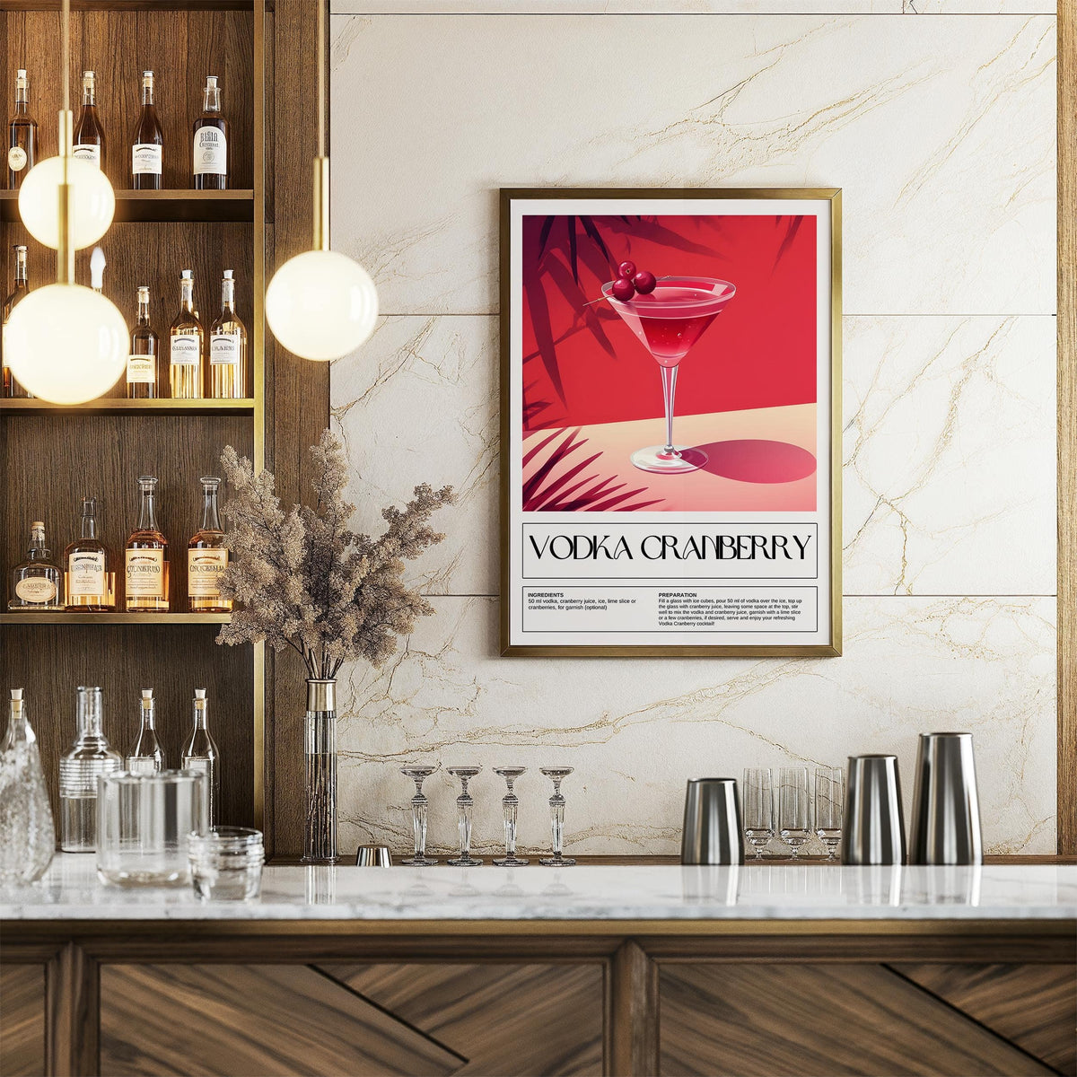 Home Bar Print showing a red vodka cranberry cocktail illustration with barware below