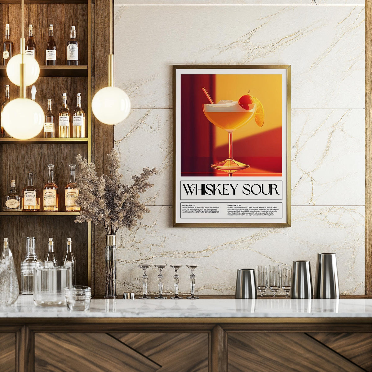 Wall Art for Bar Area showing whiskey sour illustration with warm red and yellow tones in a bar setting