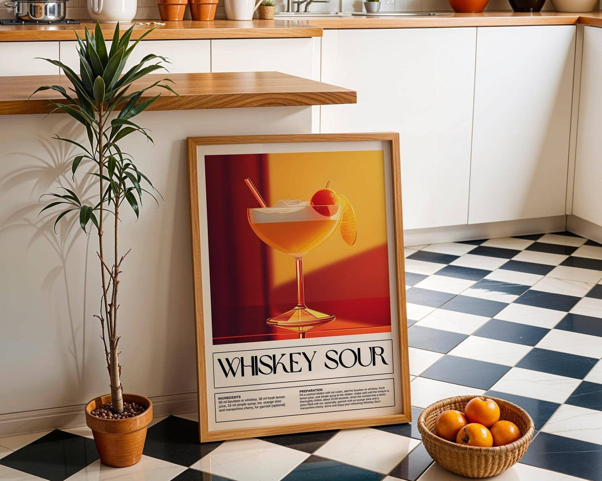 Print leaning on floor of whiskey sour cocktail illustration with yellow and red tones next to a plant and basket of oranges