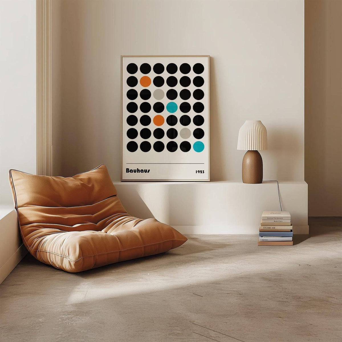 Graphic Prints leaning print with coloured dots grid in minimalist style beside a lamp on a platform