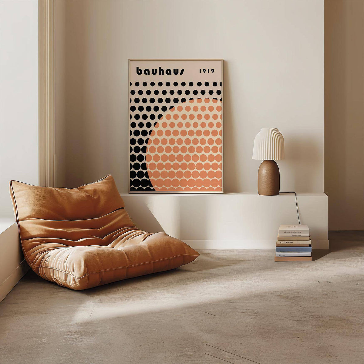 Print leaning on a shelf of Cool Art Poster with black and peach geometric shapes and a vase nearby