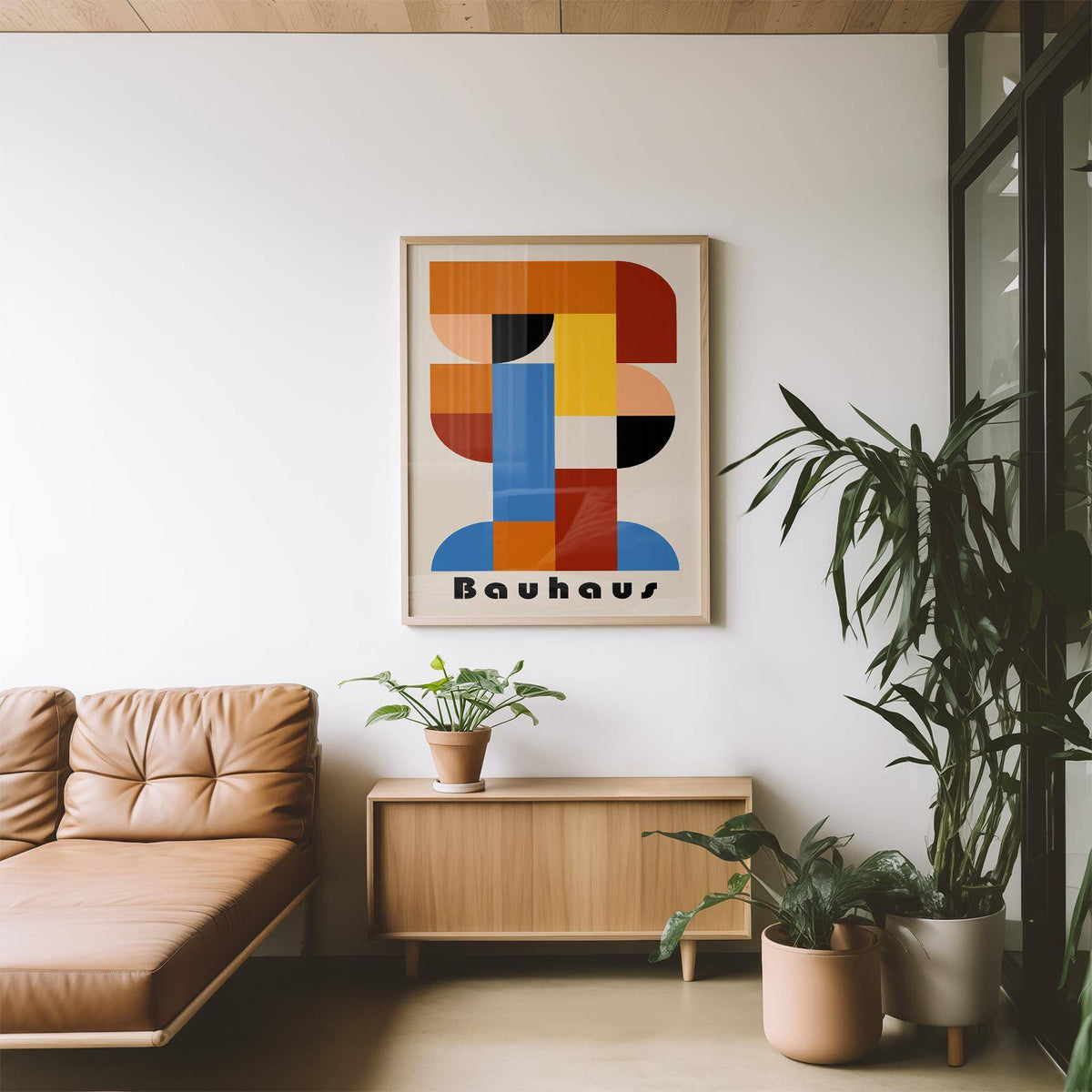 Wall Art Geometric Shapes framed print with bold red blue and yellow shapes above a wooden sideboard and plants