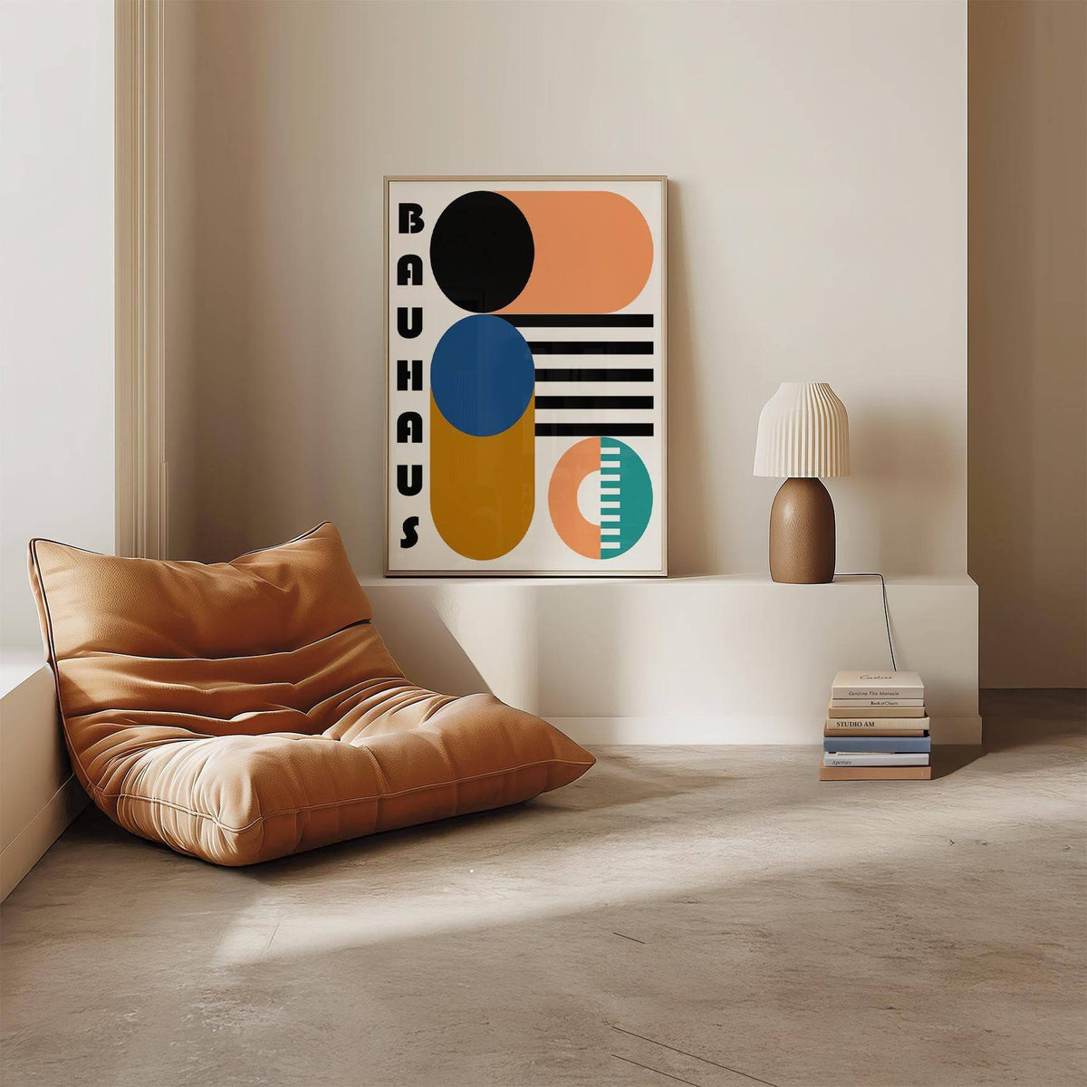 Bauhaus Geometric Shapes print leaning on a shelf in a room with a tan leather chair and a lamp