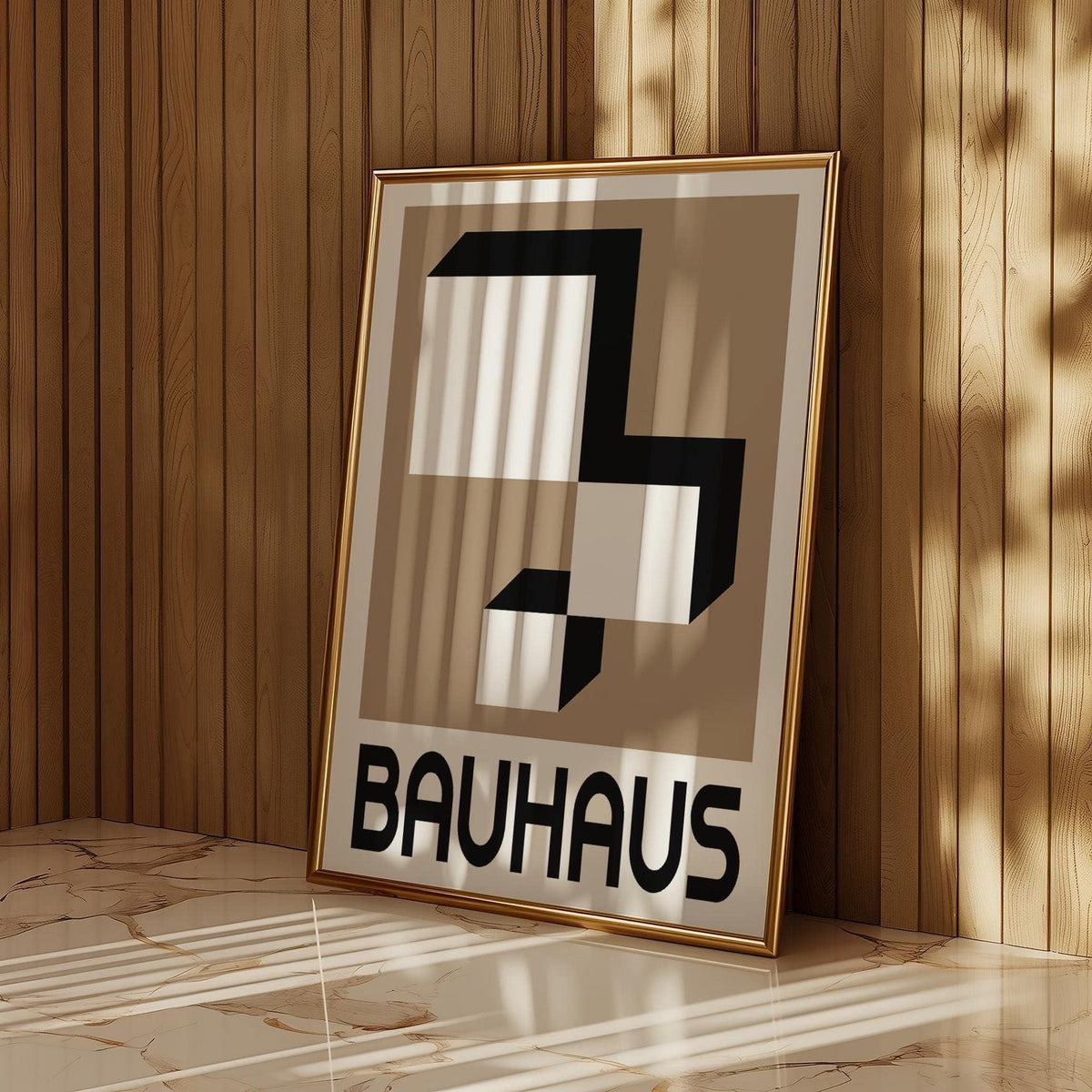 Framed Geometric Wall Hanging leaning against wood panel wall with light and shadows