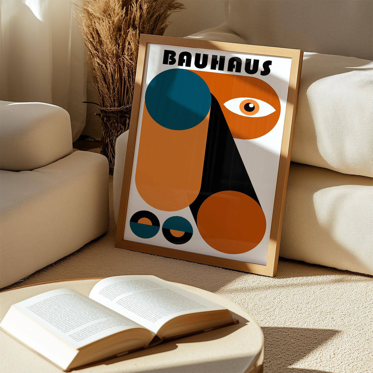 Fun Colorful Print leaning on a beige carpet between seating and dried plants with orange and blue shapes