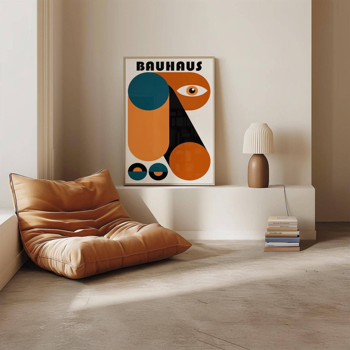 Fun Colorful Print leaning on a shelf with a brown lamp and stack of books nearby in a minimalist room