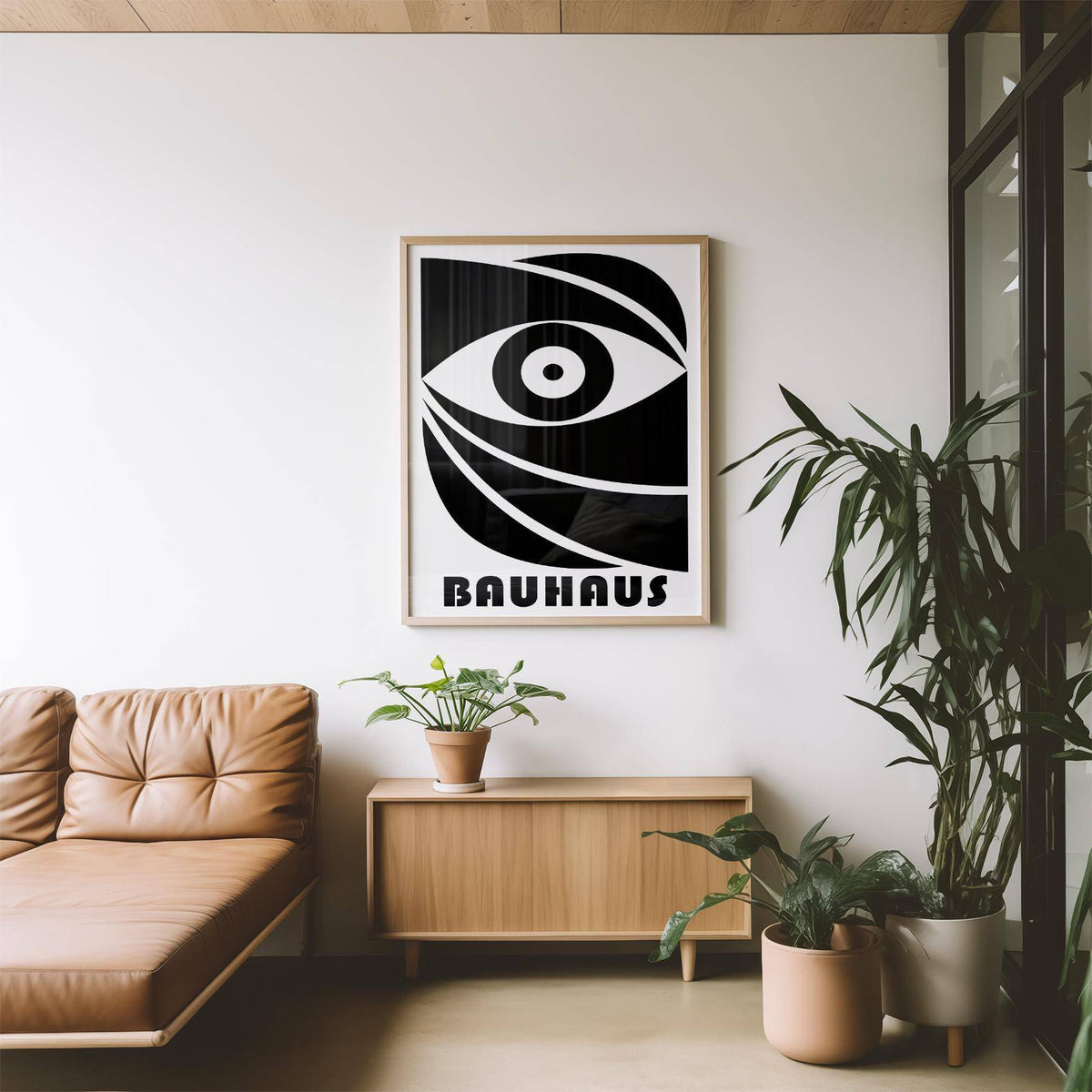 Black Eye Poster print with abstract black eye and text above a wooden sideboard with plants