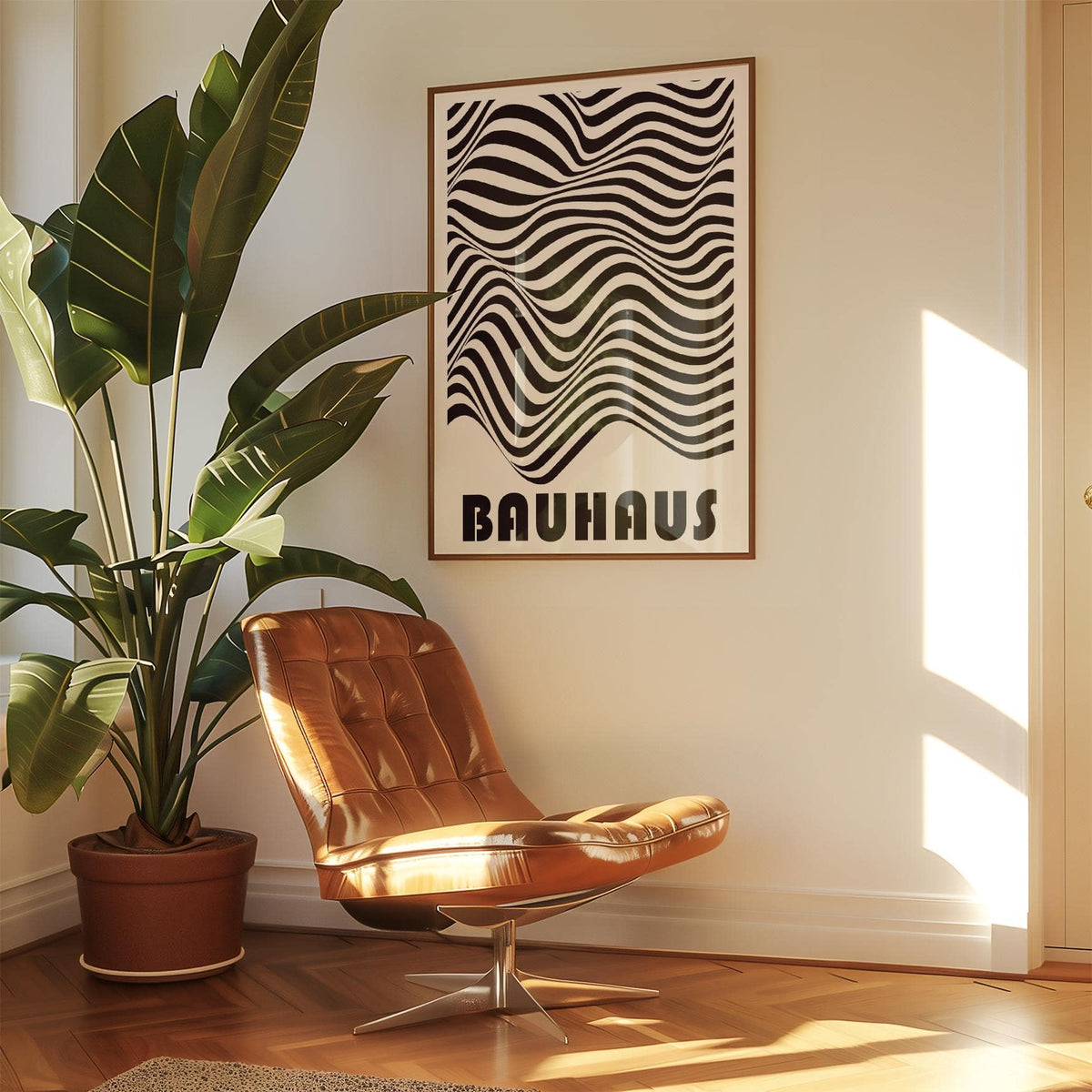 Graphic Art Print of wavy black and white stripes and Bauhaus text above a brown chair and plant
