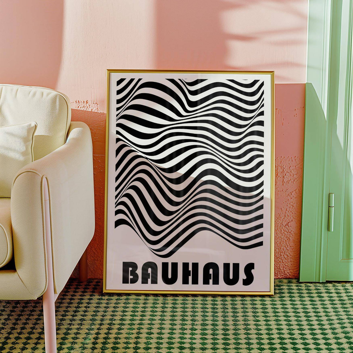 Framed close-up of Graphic Art Print with black and white wavy stripes beside a cream armchair