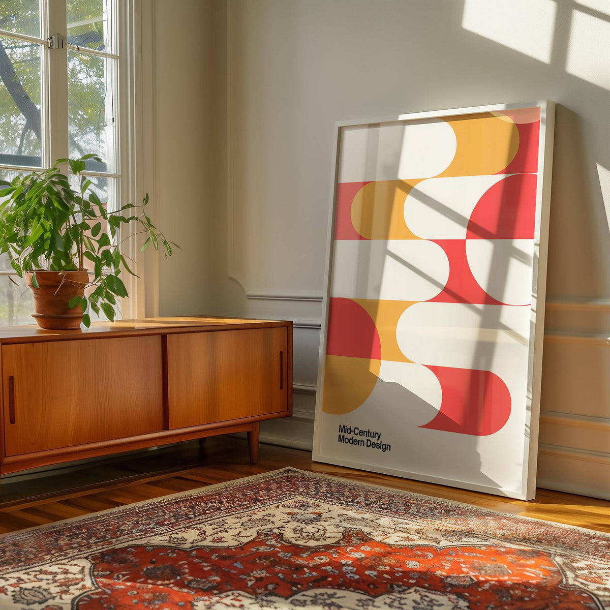 Print leaning on the floor with Mid Century Art featuring rounded orange and red geometric shapes near a wooden sideboard and a plant