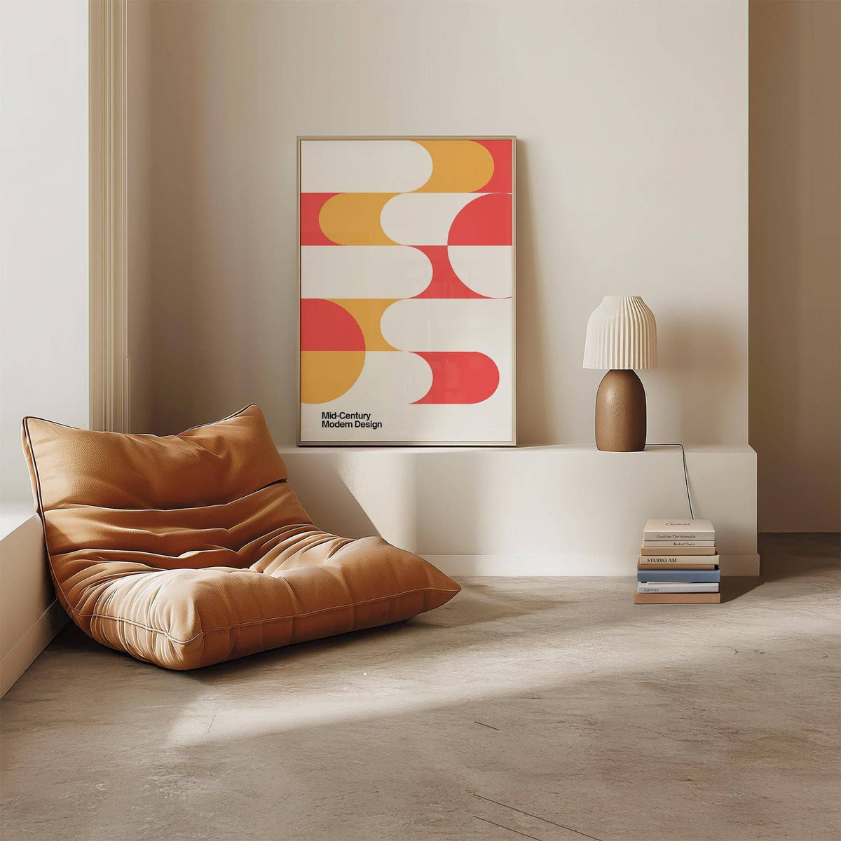 Mid Century Art print with rounded geometric shapes in coral and ochre leaning on a white ledge beside a brown leather chair