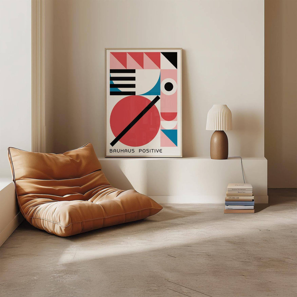 Colorful Geometric Art print leaning on a ledge next to a lamp and a stack of books in a minimal room