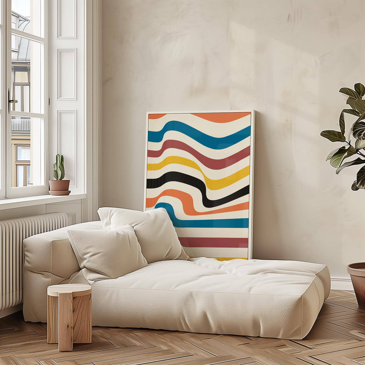 Print leaning on floor with wavy colourful stripes in beige room with cream sofa and small wooden table