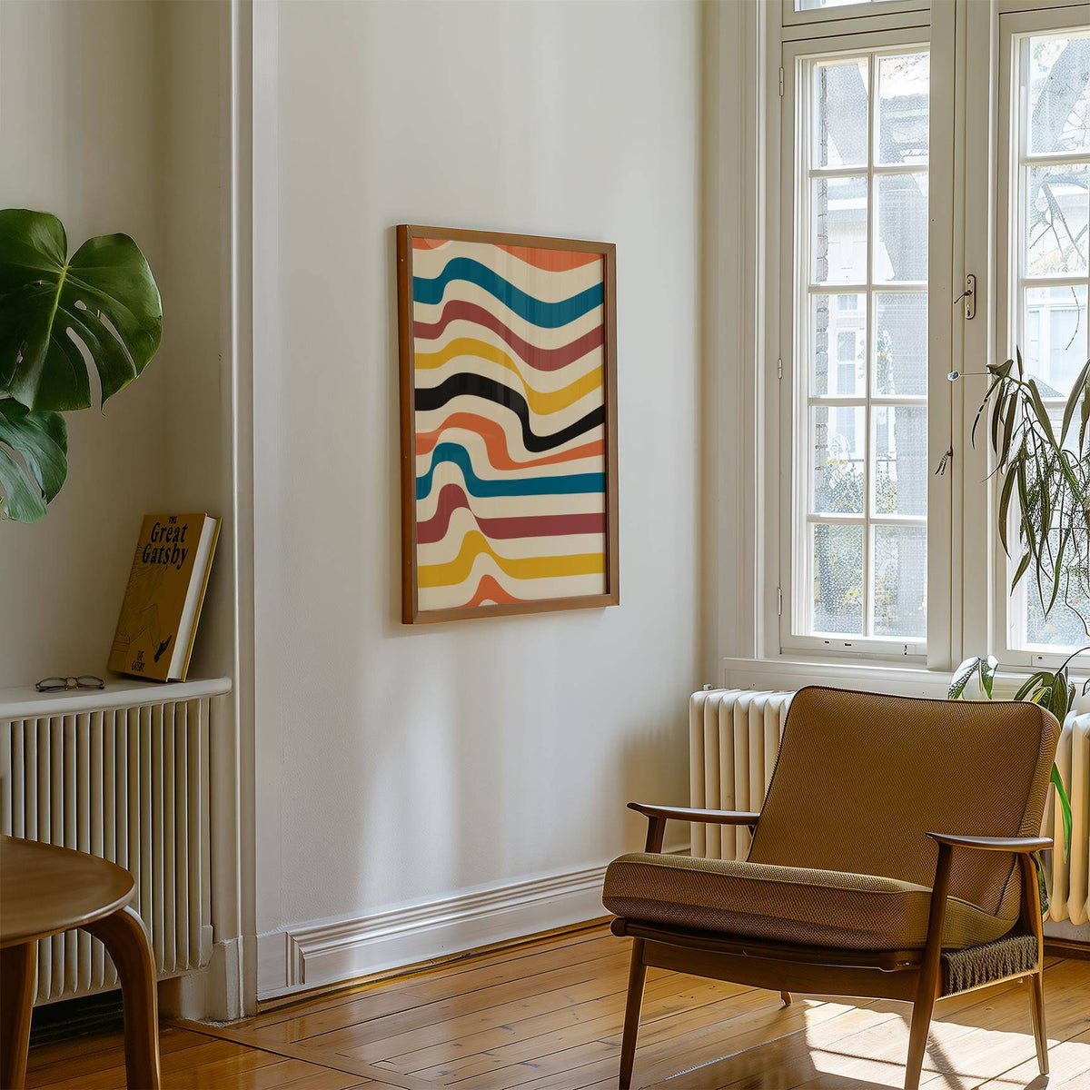 Art Work for Wall with wavy colourful stripes in a minimalist style hung in a bright living room with a brown armchair