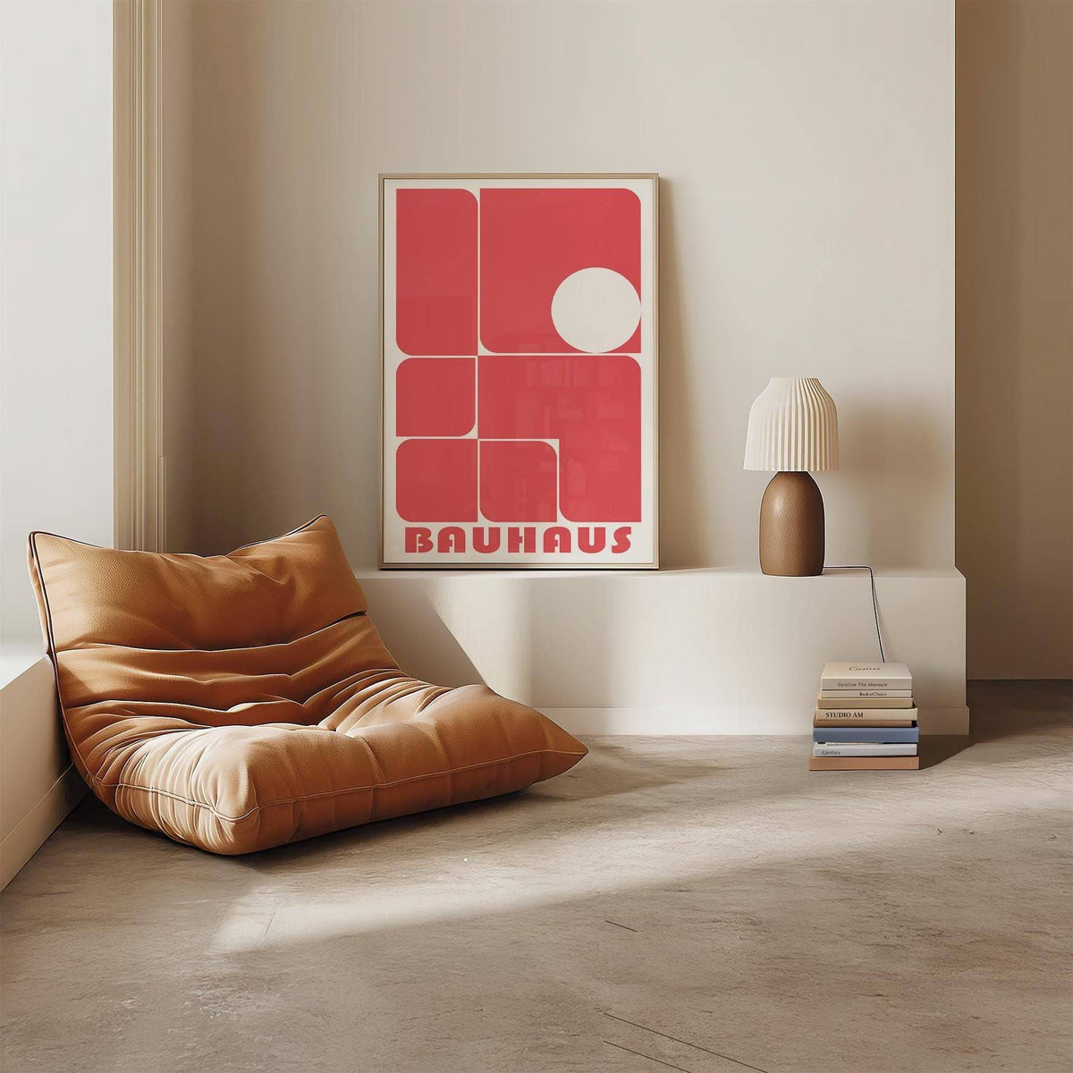 Print leaning on a shelf of red rounded rectangles and white circle with a brown lamp nearby
