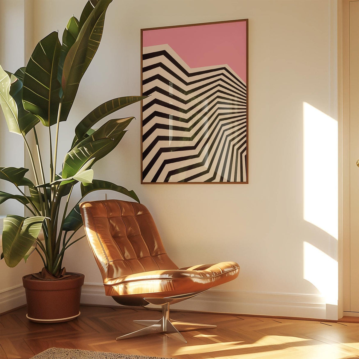 Wavy wall art of a black and white zigzag pattern with a pink background in a sunlit living room with a brown chair and a large green plant
