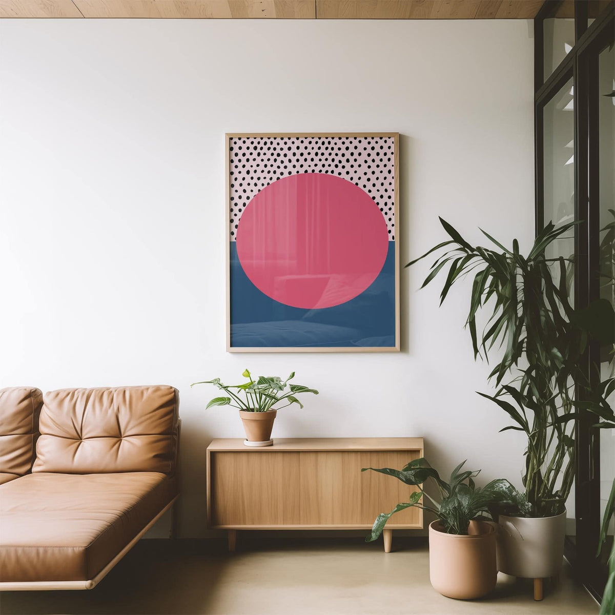 Modern Abstract Art Geometric print with pink circle and black dots above a blue block in a living room