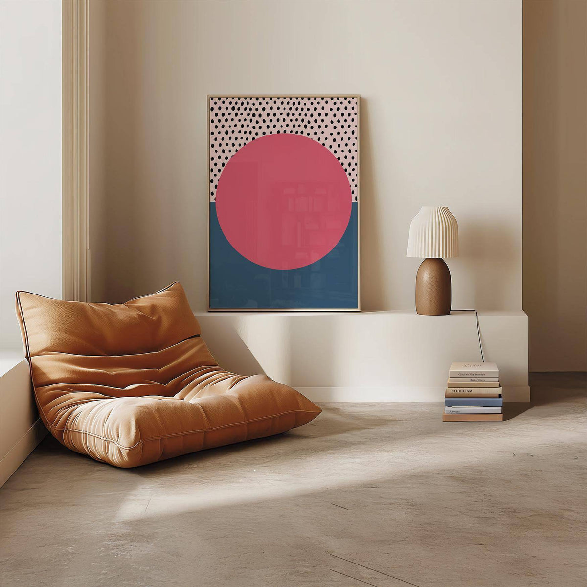 Modern Abstract Art Geometric print with pink circle and black dots above a modern lamp in a room