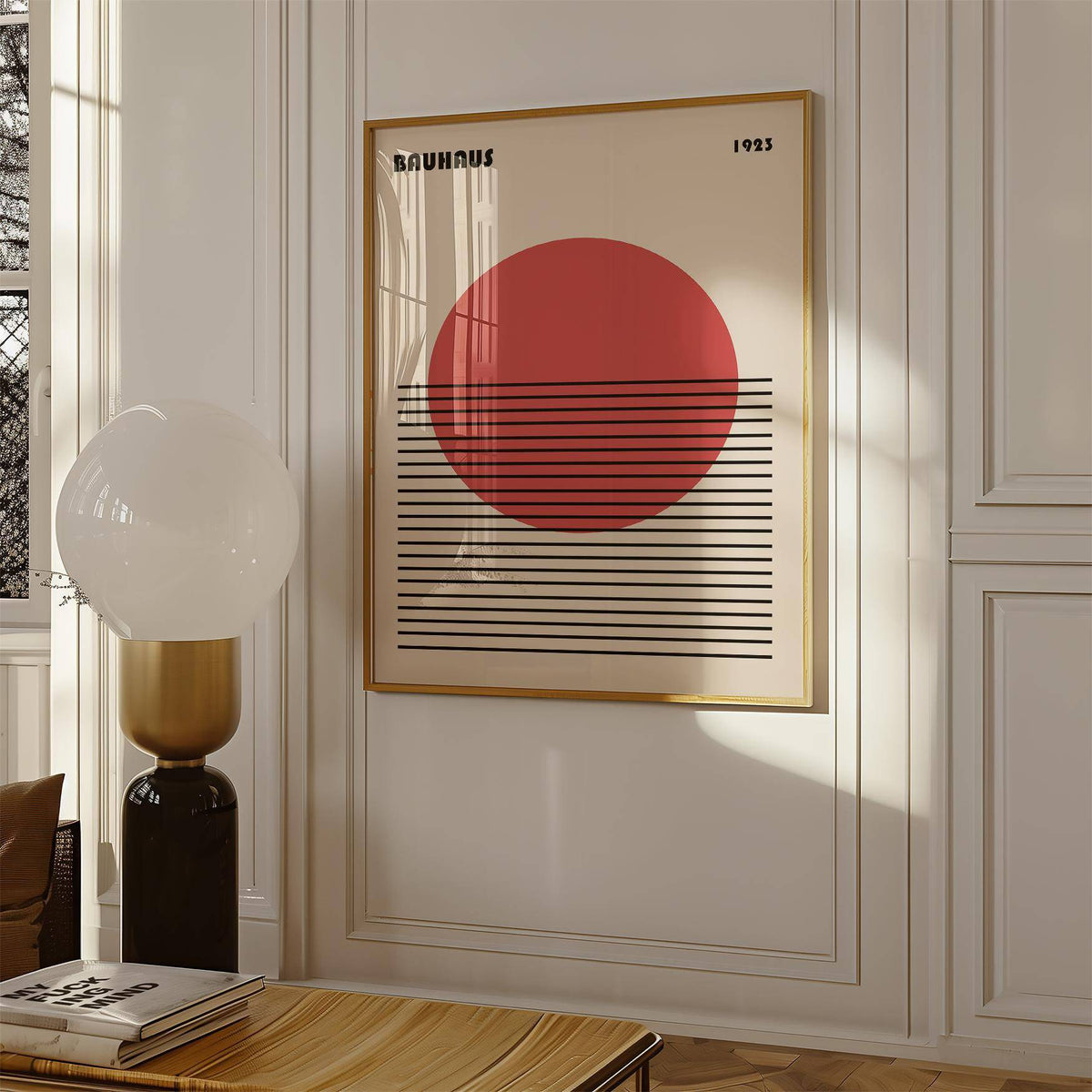 Geometric Art Print minimalist red circle with black lines in a bright room with a modern lamp
