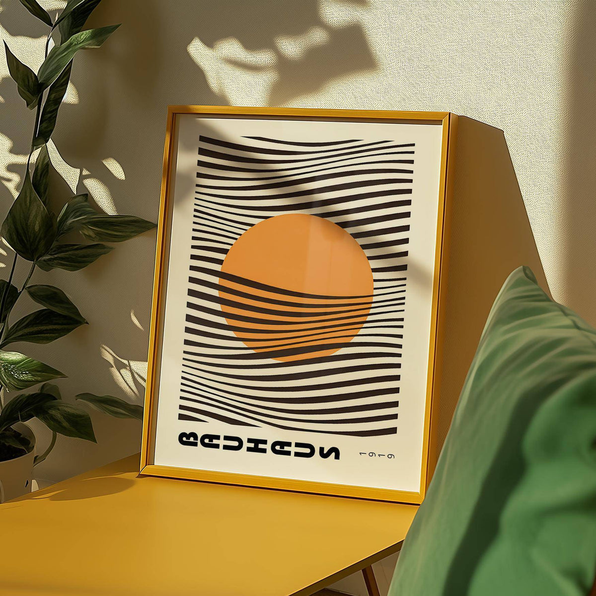 Framed Bauhaus Print of an orange sun with black wavy lines leaning on a yellow table near a green cushion