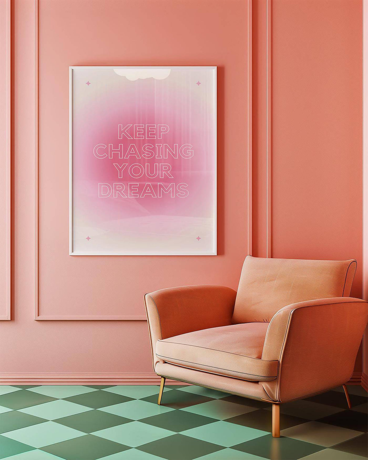 Print on a wall of motivational text with a pink gradient above a peach armchair and green check floor