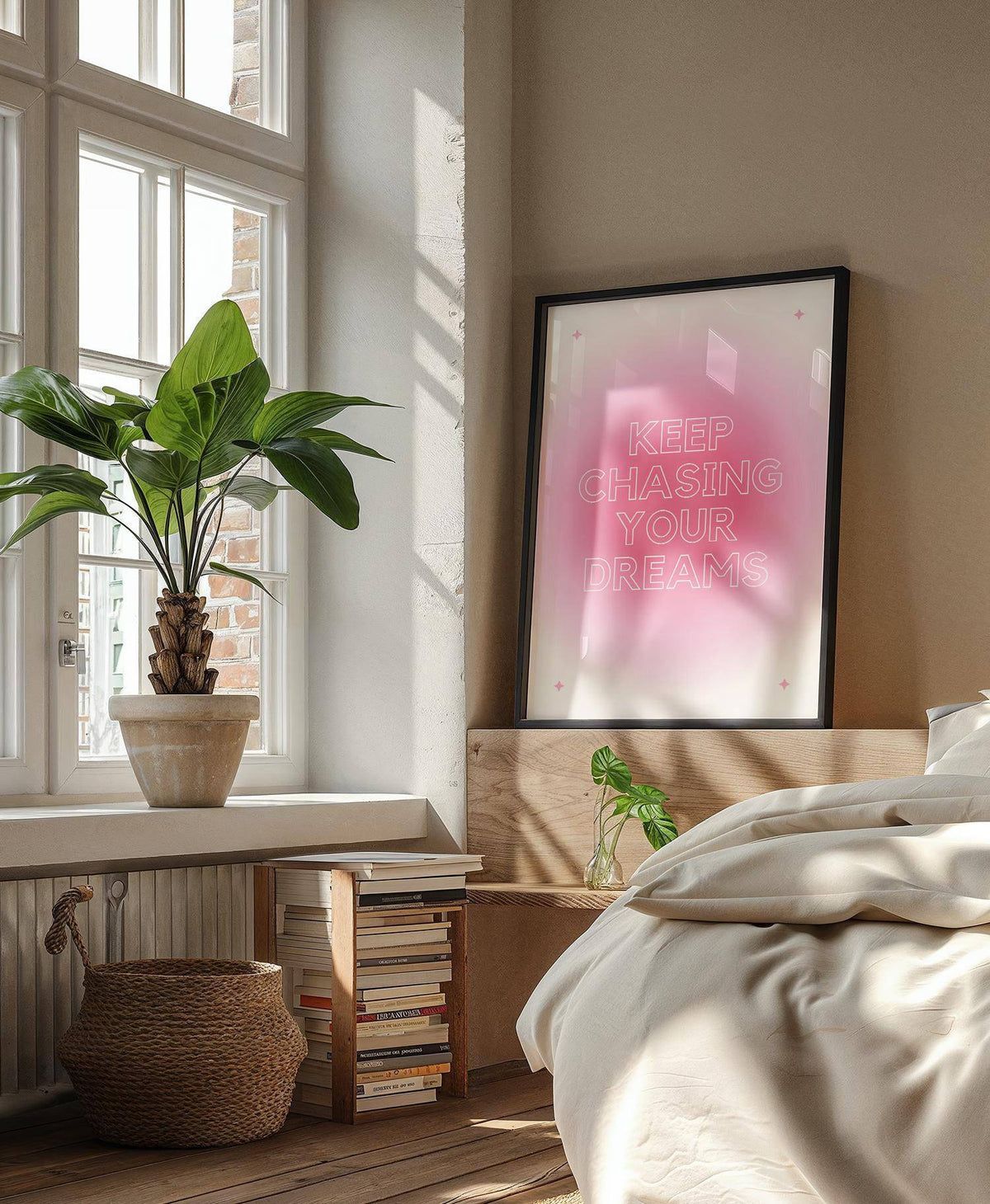 Print on a wooden shelf in room with pink and white motivational text and a large plant nearby
