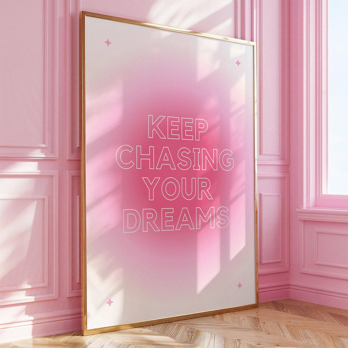 Framed Teenage Girl Gifts print with pink gradient and white motivational text leaning on a pink wall