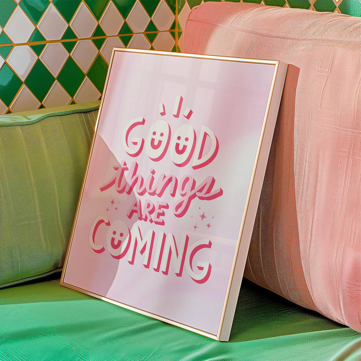 Motivational Posters for Students leaning print with pink typography and gold frame on green sofa with cushions