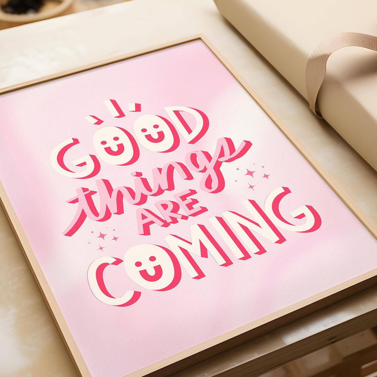 Framed Motivational Posters for Students print with pink and white cheerful typography on a table