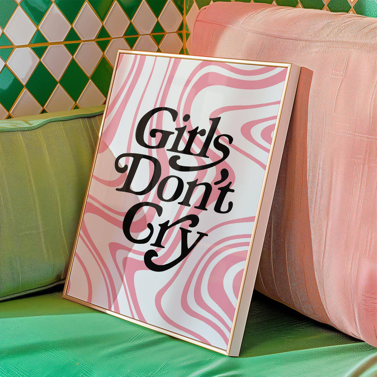Girls Room Wall Art leaning on a green sofa with pink and white cushions