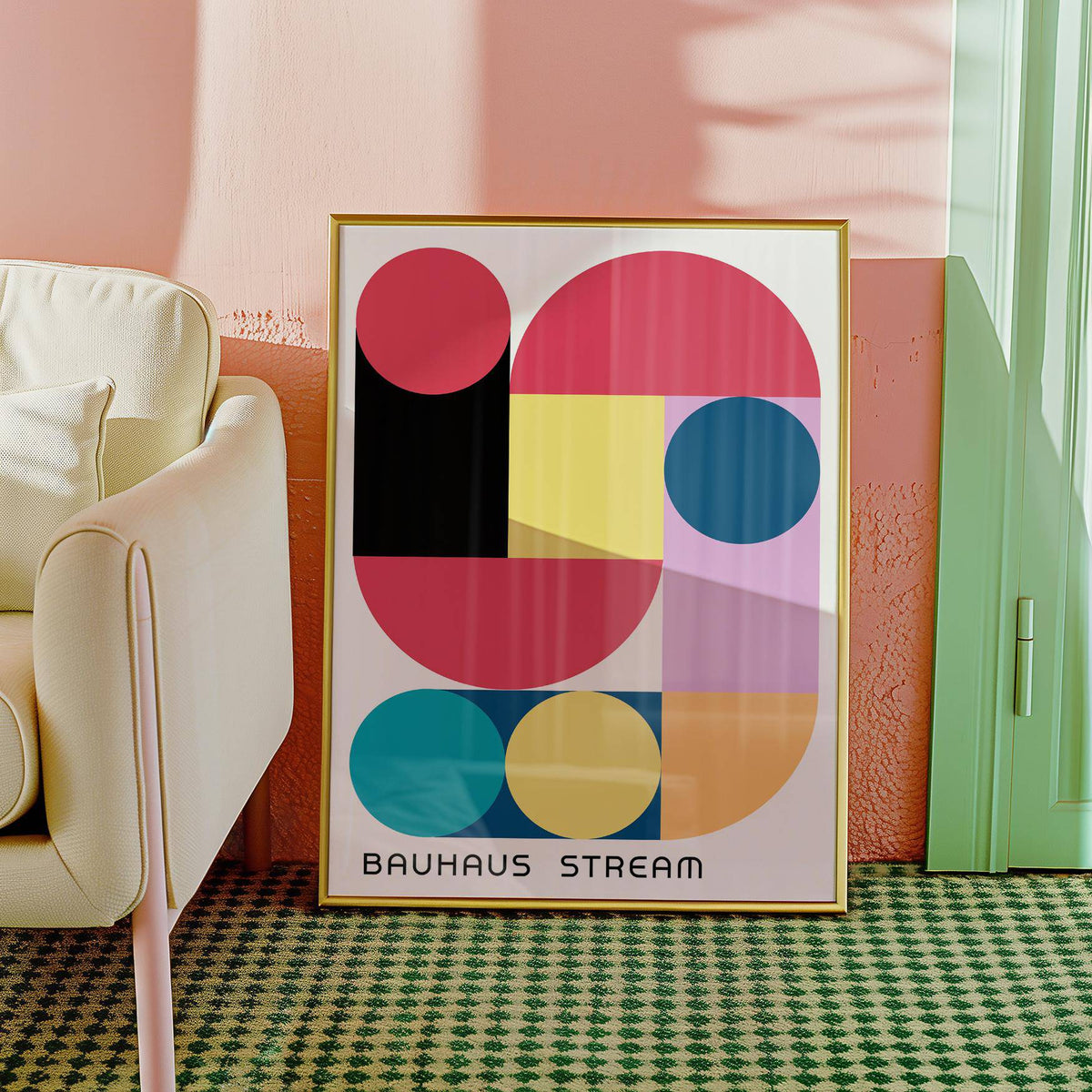 Large Colourful Wall Art with abstract geometric shapes in pink, yellow, blue and black leaning against a pink wall near a cream sofa