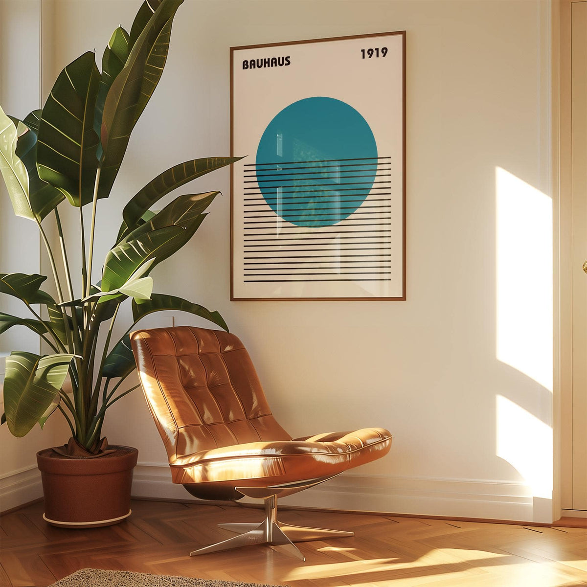 Minimlist Art framed print with a blue circle and black lines above a brown chair in a sunny corner