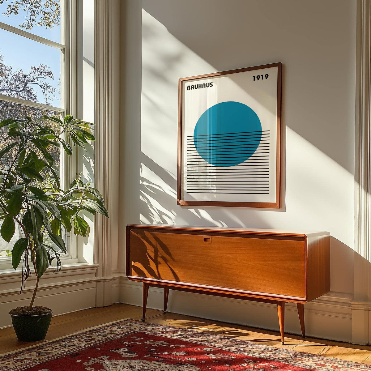 Minimalist Art print with a blue circle and black lines framed above a mid-century wooden cabinet in a sunlit room with a window and plant