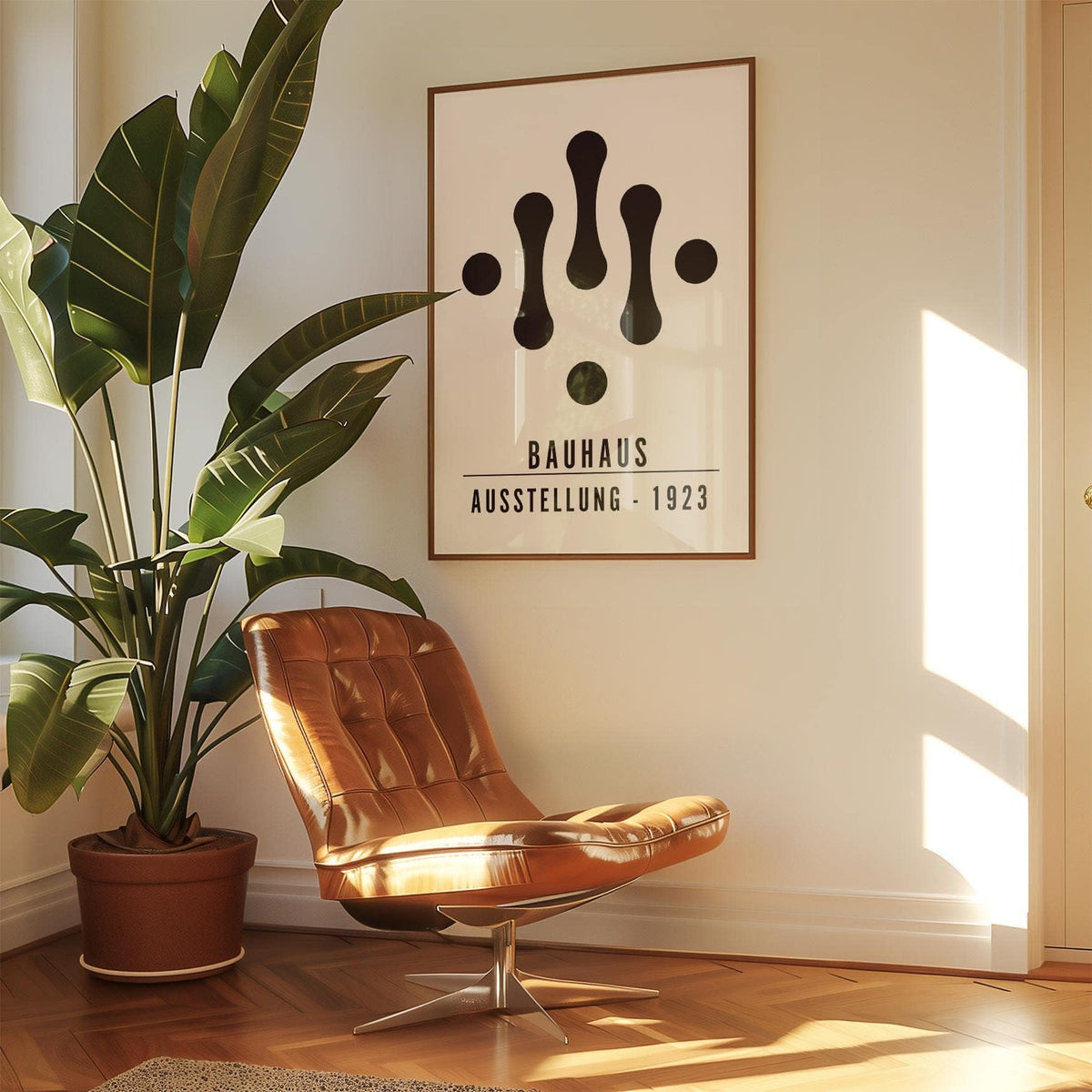 Bauhaus Art Black and White print with abstract shapes above a brown leather chair and plant